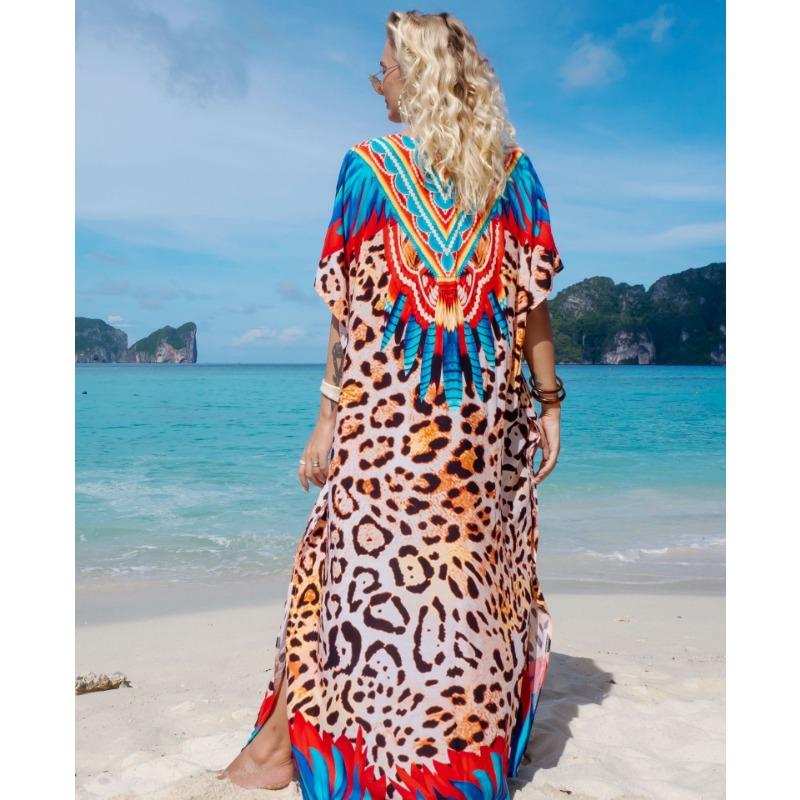 Damska Moda Lato Wiosna Panterka Rękawy 1/2 Dekolt V Luźna Talia Sukienki Casualowe