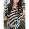 Japanese Style Sausage Dog Fabric Striped Long Sleeve Tee with Round Neck
