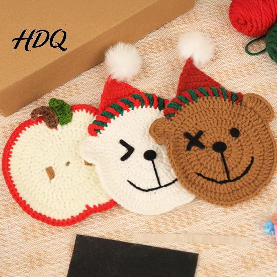 Handmade Cup Mat Christmas Bear Fruit Crochet Coaster Kit DIY Crocheting Beginner Friendly Set with Accessory Knitting Round Mug for Table