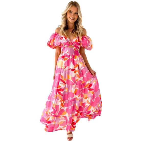 Dámské večerní šaty Bublinkové rukávy Nízký výstřih na ramenou Barevný potisk A-line Velký lem Patchwork Vyhloubené skládané Plážové Maxi šaty