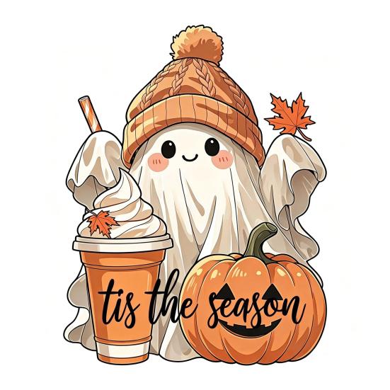 Rustic Autumn Table Centerpiece Halloween Wooden Ghost Ornament with Pumpkin Pattern, Double Sided Desktop Decoration, Cute Figurine Spooky