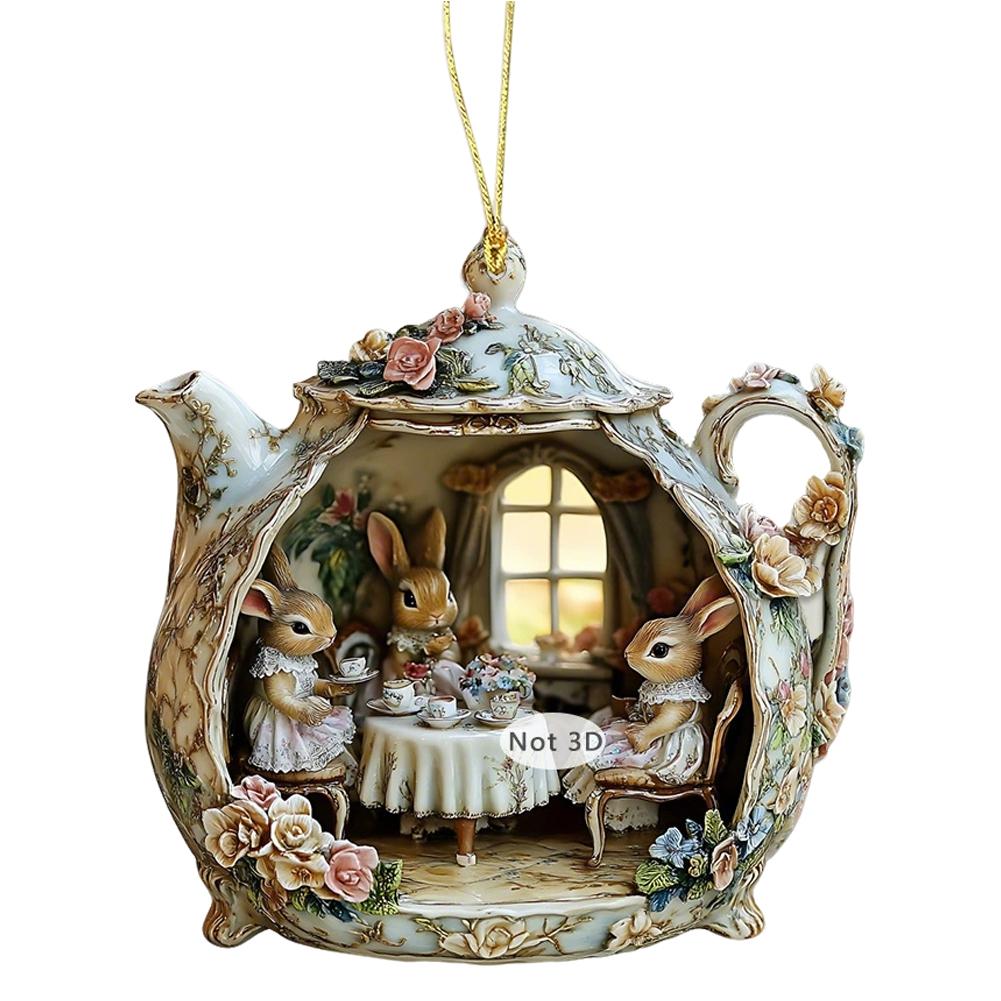 

Easter Home Decor Exquisite 2D Acrylic Rabbit In Teacup Pendant Flat Bag Pendant Rabbit Car Pendant School Prizes