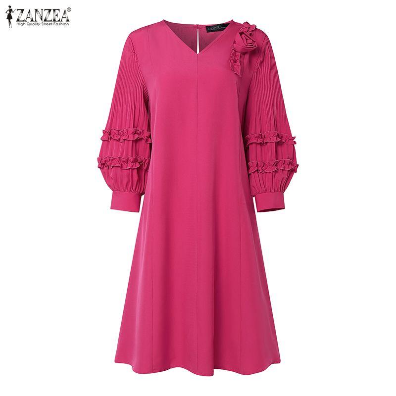 ZANZEA Women Casual V-Neck Loose 3/4 Sleeve 3D Flowers Splice Dress