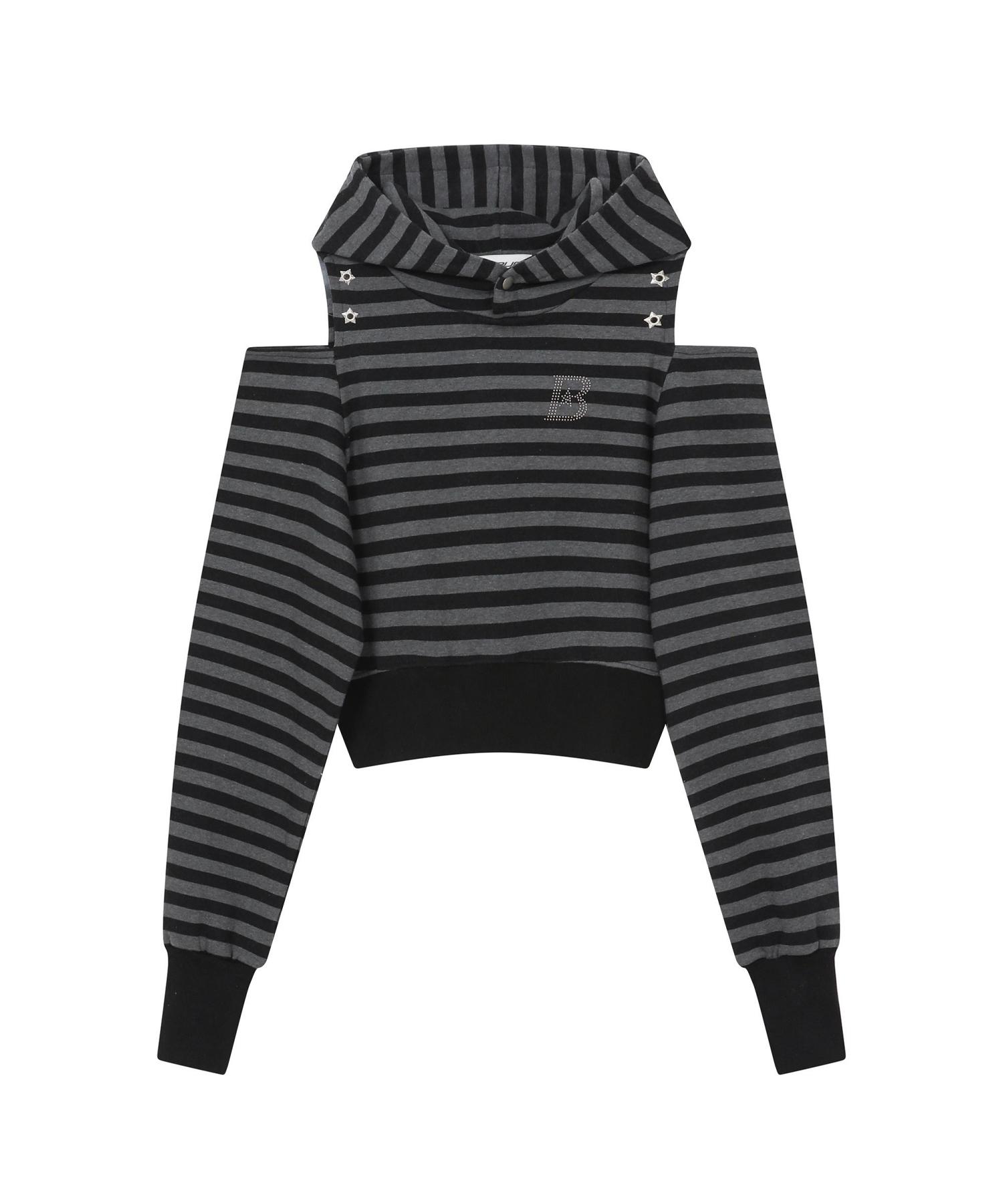 Baup Striped Cutout Off-Shoulder Crop Hoodie [Black] Black/Free