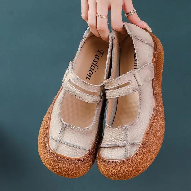 Summer New Genuine Leather Cowhide Breathable and Comfortable Retro Hollow Middle and Old Age Thick Sole Sandals Mom's Shoes