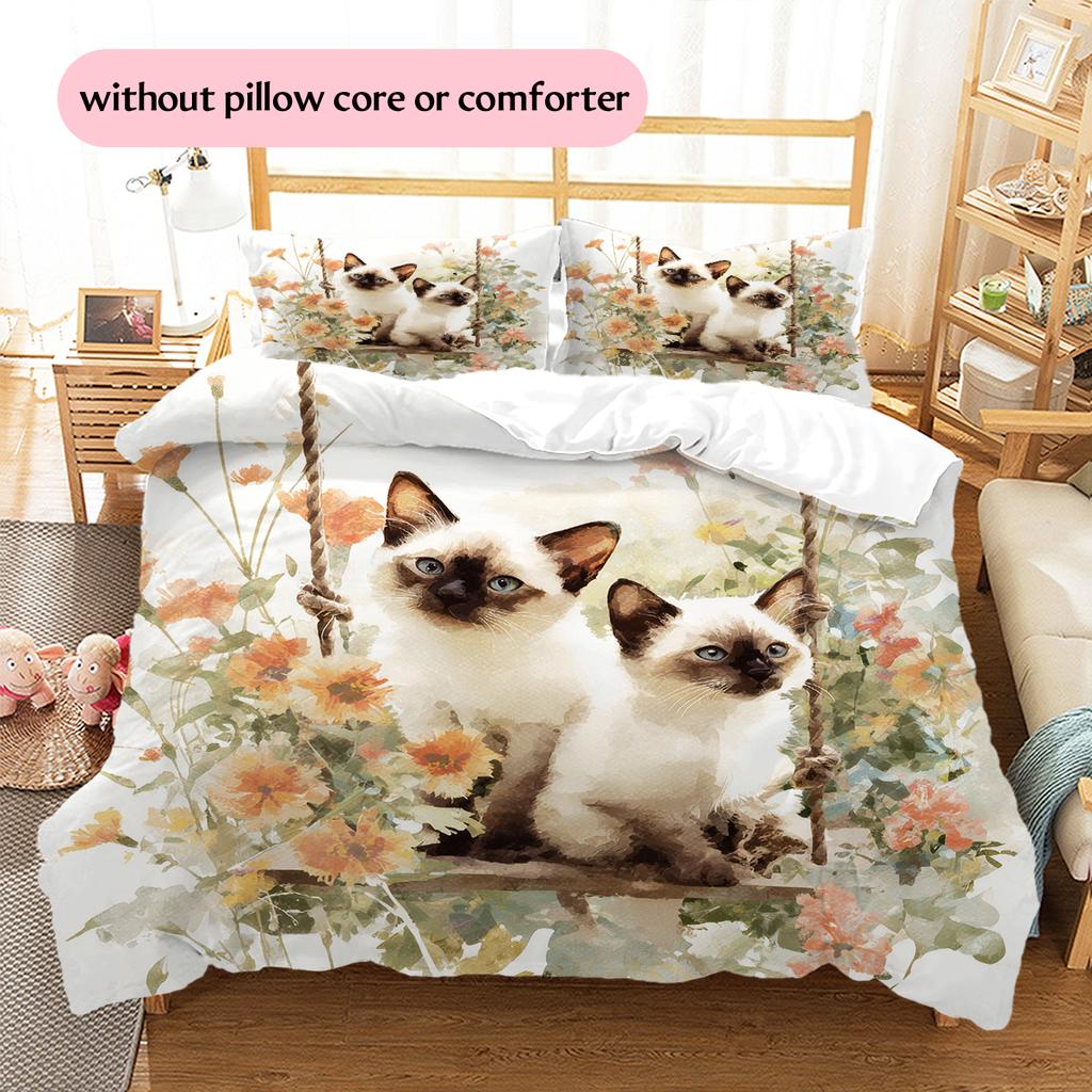 Siamese Cat and Plants Pattern Bedding Home Decoration Birthday Gift (1 * Duvet Cover + 2 * Pillowcase, Without Core)
