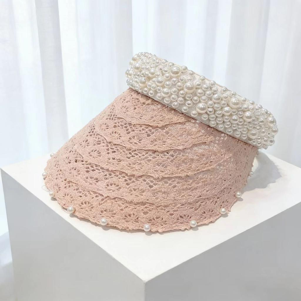 Handmade woven pearl empty hat, fashionable seaside vacation sun-protection hat, headband, summer sweet sun hat