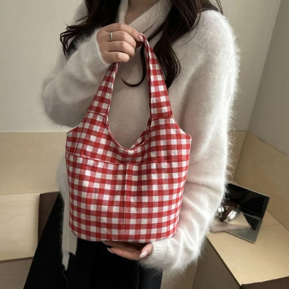 Fashion Red Plaid Tote Bag Korean Style Shoulder Bag Lightweight Canvas Vest Bag Women