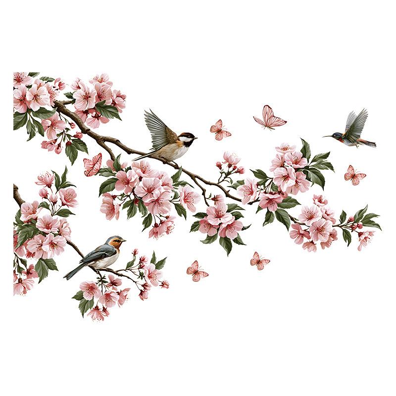 Kirschblüte Chinesische Blume Wandaufkleber Gemütliches Wohnzimmer Schlafzimmer Sofahintergrund Selbstklebend Wasserdicht Dekor 60x90cm bunt
