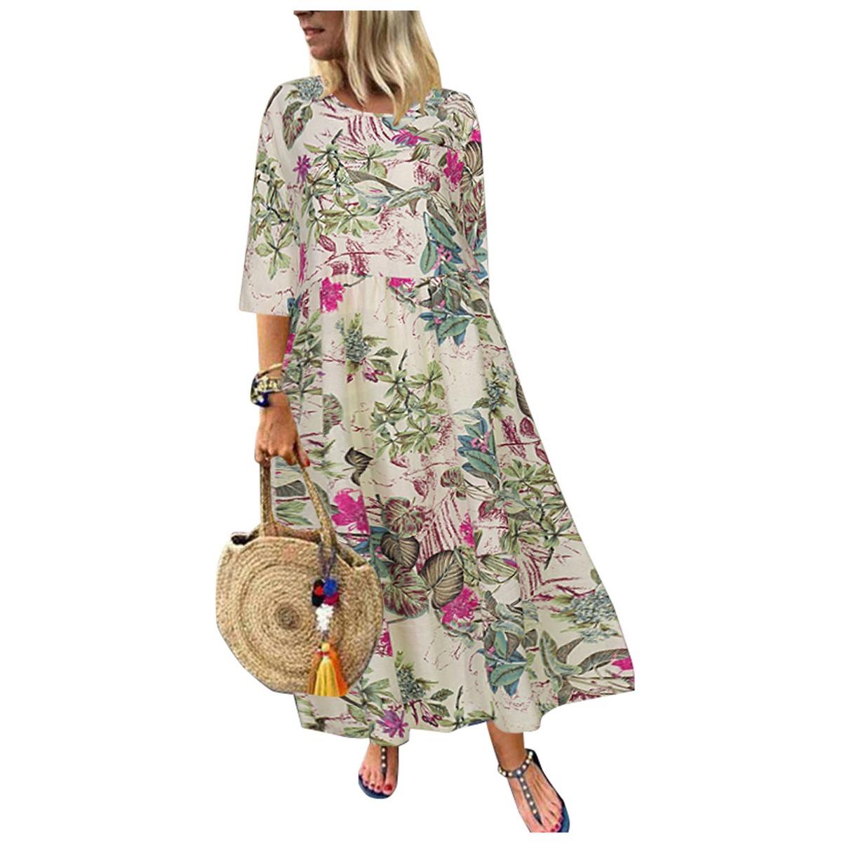 2026 Vintage Floral Patchwork Round Neck Long Sleeve Flowy Maxi Dress for Women Autumn Winter S