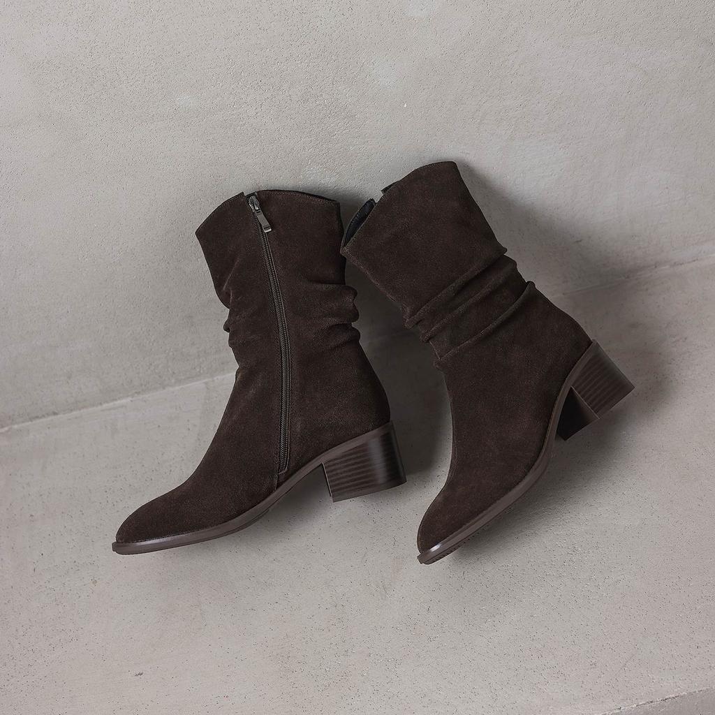 Krazing Pot Cow Suede Nubuck Round Toe Thick Heels Western Boots Size 42 Slip on Women Pleated Decoration Mid-calf Boots