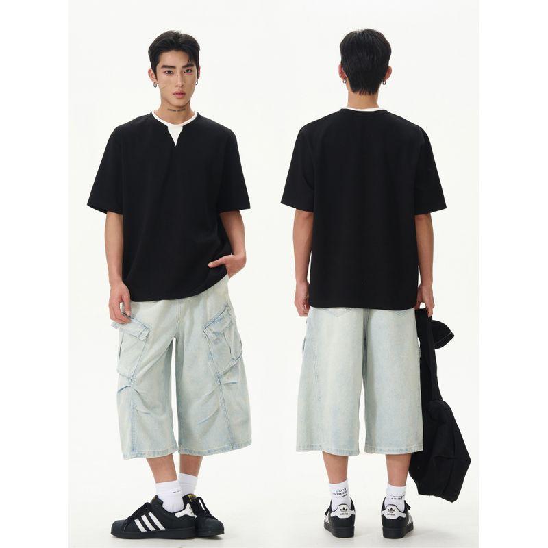 Kisko American Retro Style Fake Two-Piece Spliced Cleanfit Gray Short-Sleeved T-Shirt for Men Casual Loose Fit Couple T-Shirt