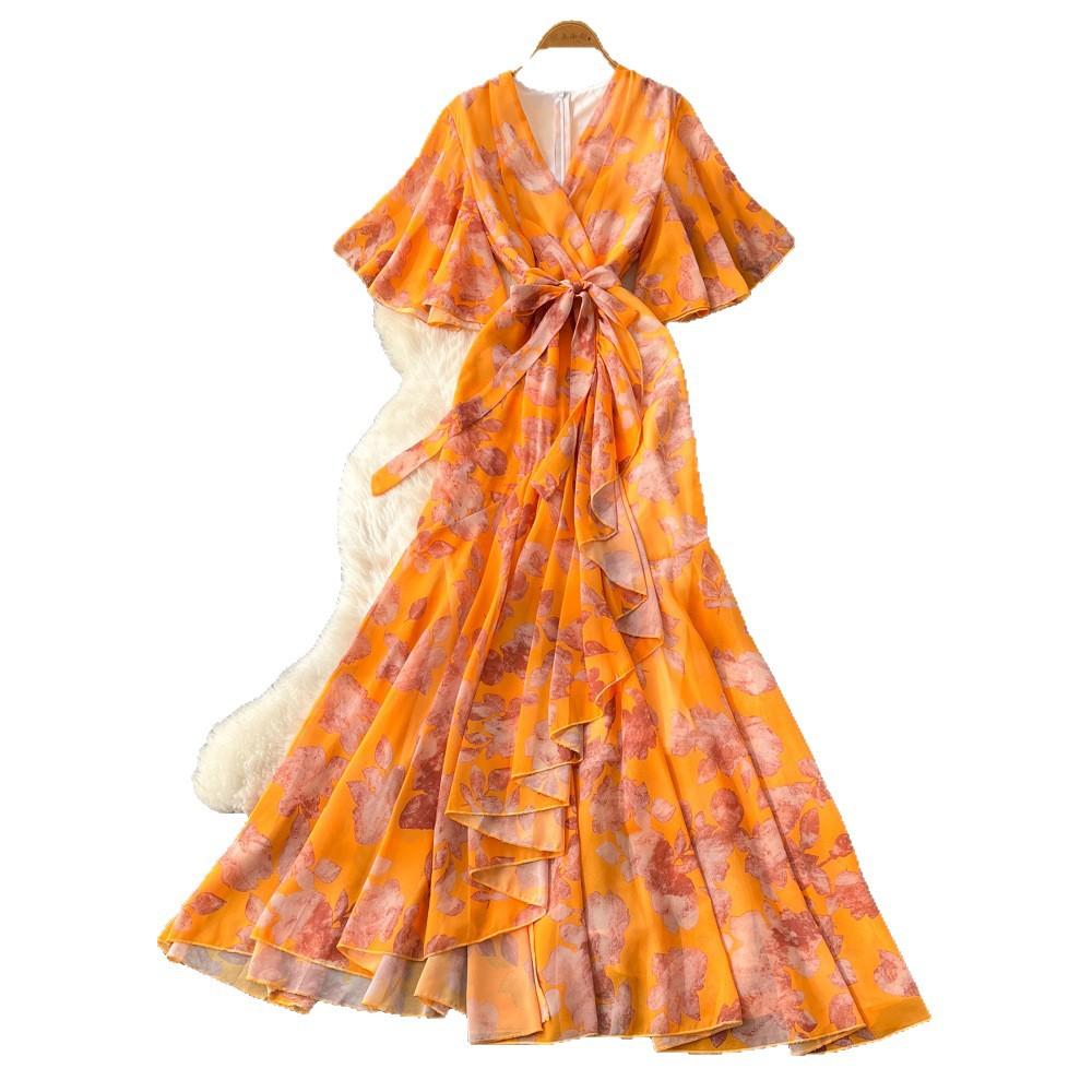 Spring women's dress French high-end strap waist V-neck irregular printed chiffon dress