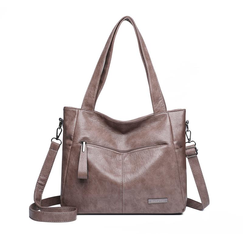 Women Vintage Soft Leather Tote Shoulder Bag Large Capacity Casual Daily Handbag with Detachable Wide Crossbody Strap Multi Pockets Commute Shopping
