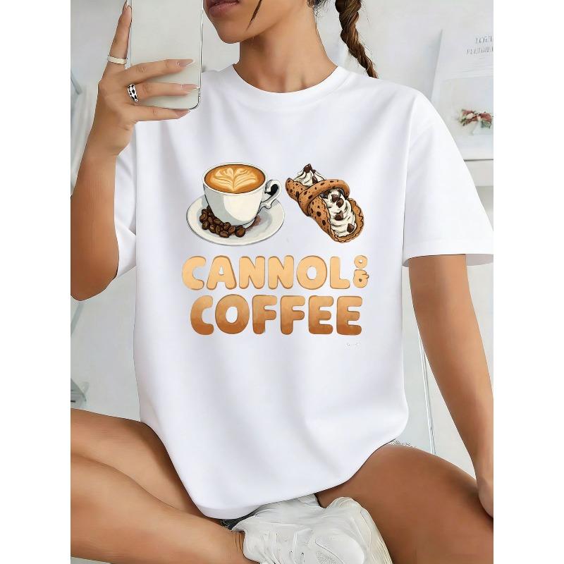 European Size Women's White Graphic T - Shirt with Latte Art Coffee Cup, Coffee Beans, and Cannoli Pastry Print, 'CANNOLI COFFEE' Golden Bold Text