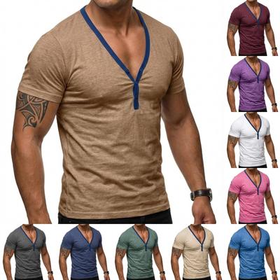 Men's Casual Base Layer Sportswear, Men's Color-blocked Low-cut V-neck Short-sleeved T-shirt Top