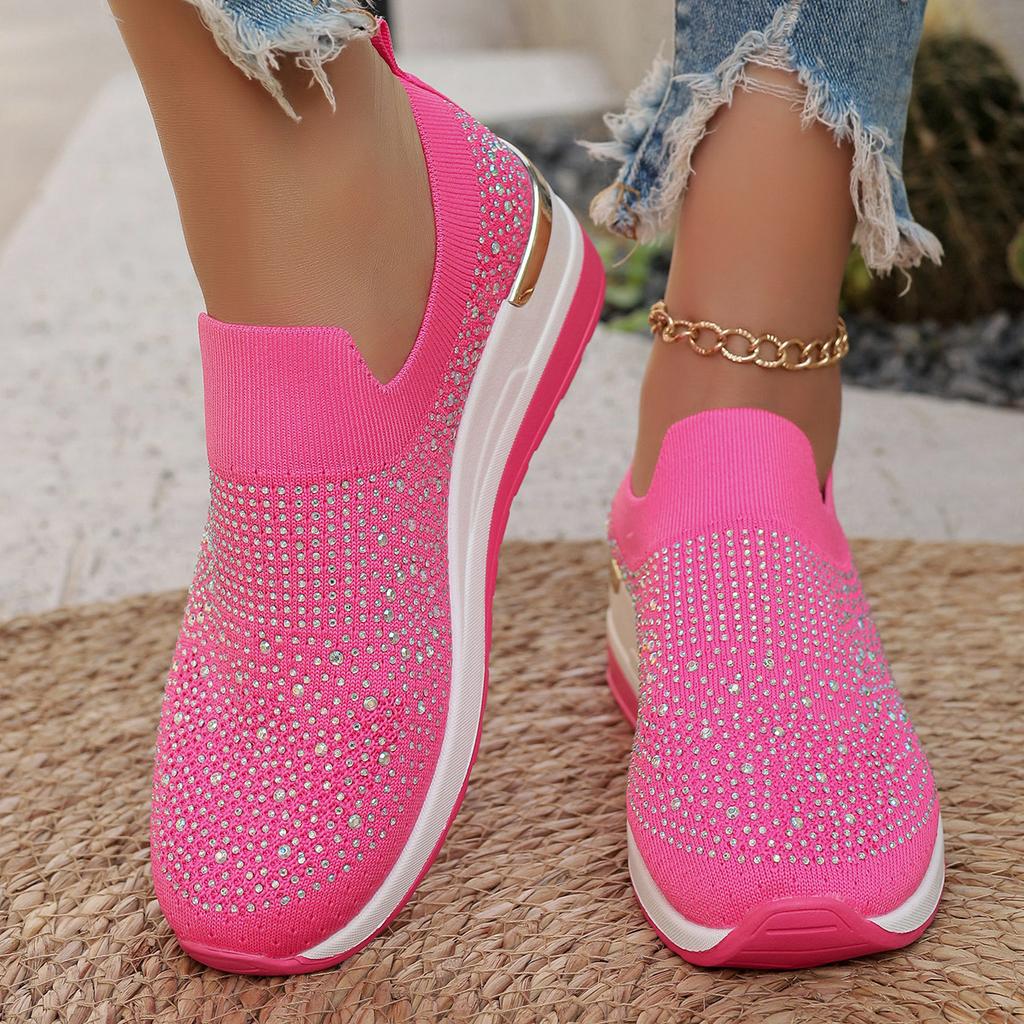 Fashion Rhinestone Casual Sneakers Mesh Breathable Wedge Women Lightweight Shoes New Comfortable Spring Slip On Sports Vulcanize Shoes
