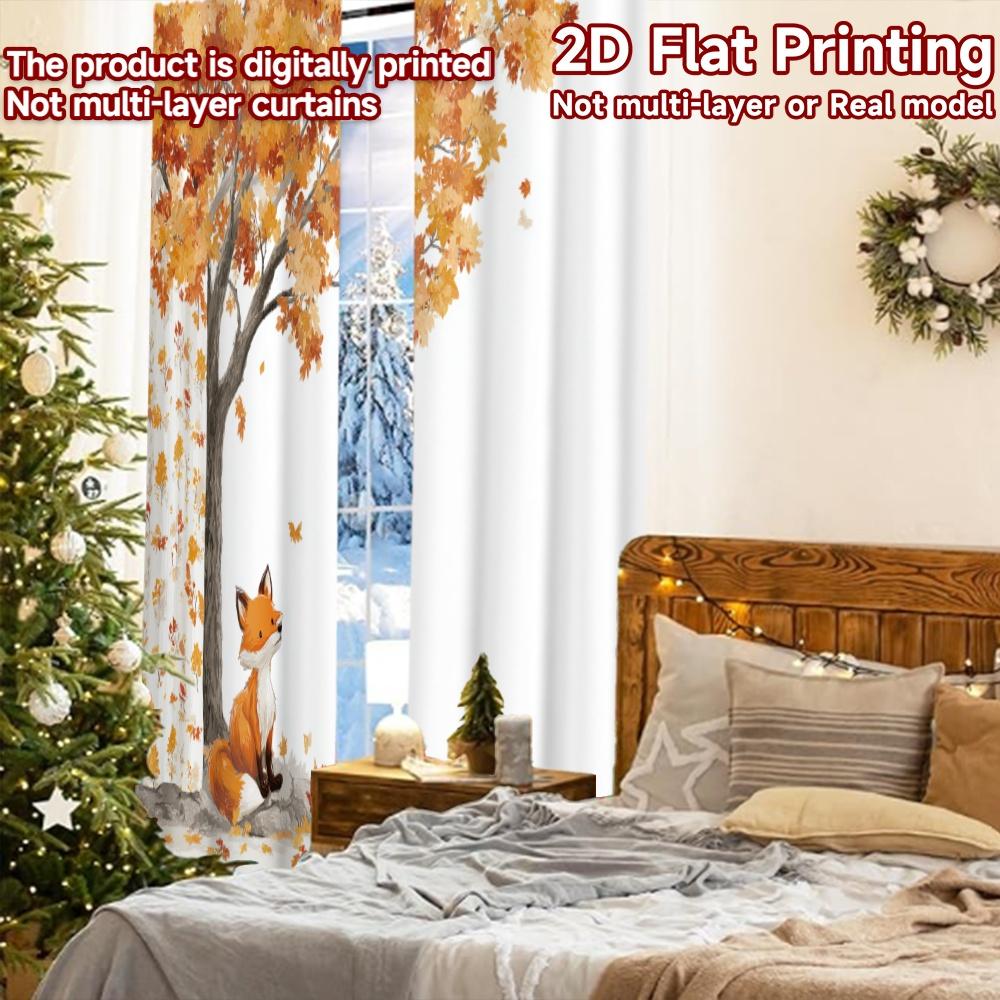 2pcs, 2D FLAT PRINTING Curtains (Without Rod) Autumn Fox(2) Halloween Festival Popular Curtains&Drapes Durable Polyester