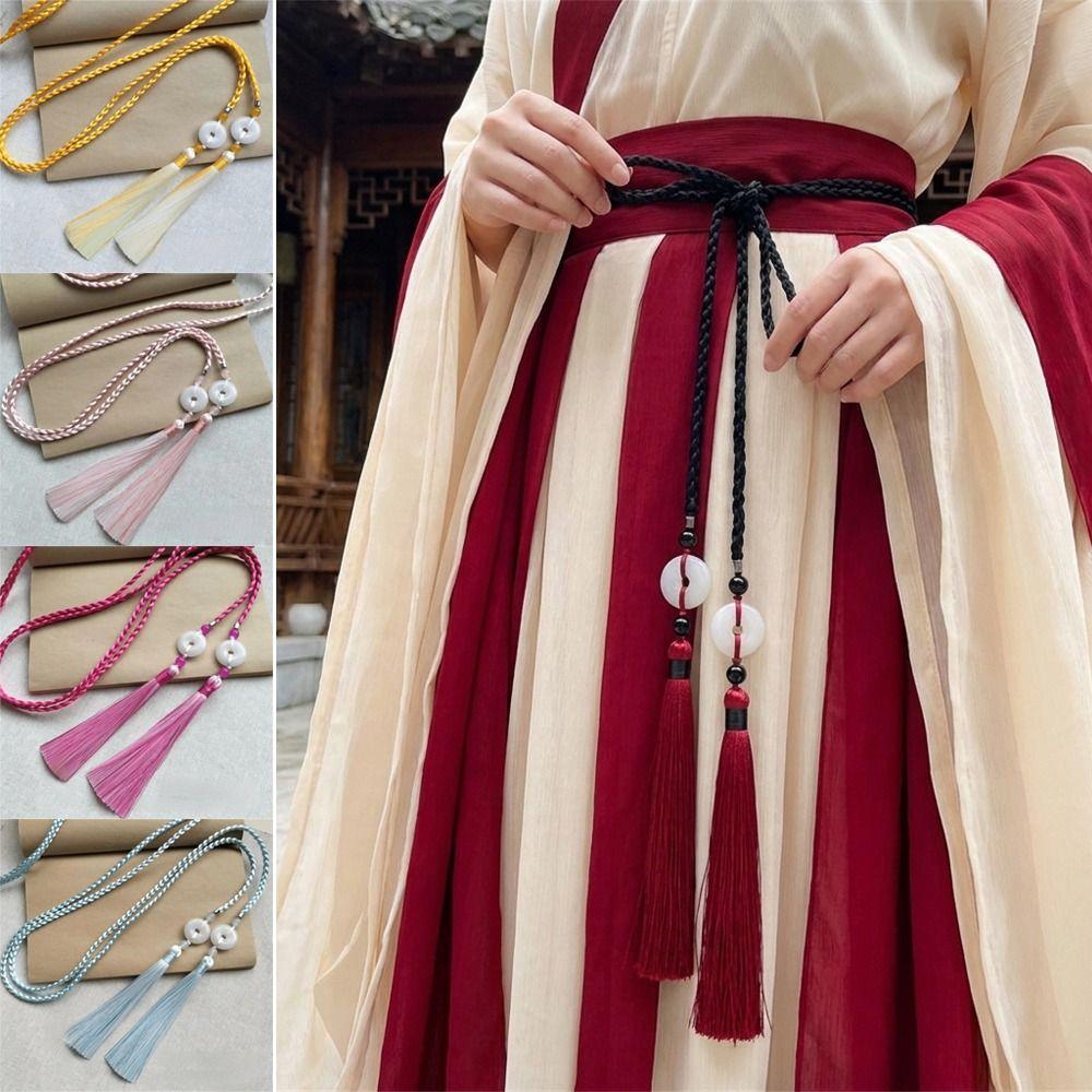 Retro Handwoven Hanfu Waist Tie Belt Chinese Style Traditional Ping An Pendant Waist Rope Braided Waist Sash for Men Women
