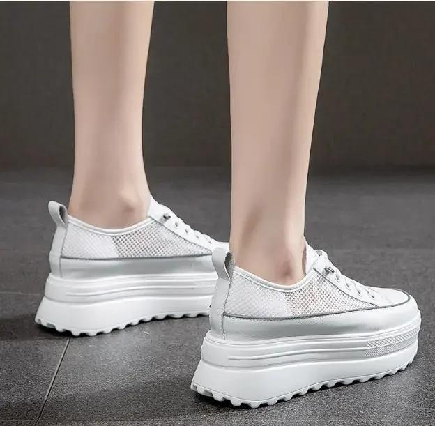Fashion 5.5CM Genuine Leather Platform Wedge Shoes Chunky Sneaker White Casual Shoes Comfortable Breathable Spring Autumn Shoes