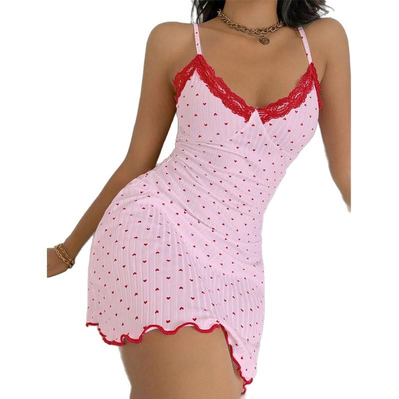 2025 Heart Print Slim Fit Lace V-Neck Women's Camisole Nightgown Pajamas