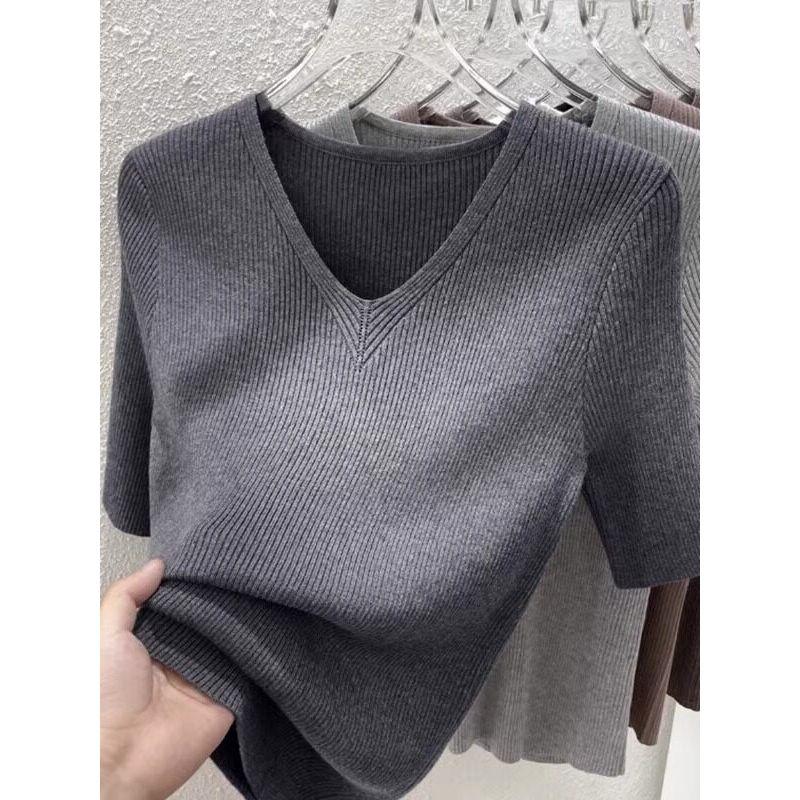 Plus Size Women Clothing Western Style V-neck Short Sleeve T-shirt Women's Summer New Loose Slimming Solid Ice Silk Knitting Top Thin