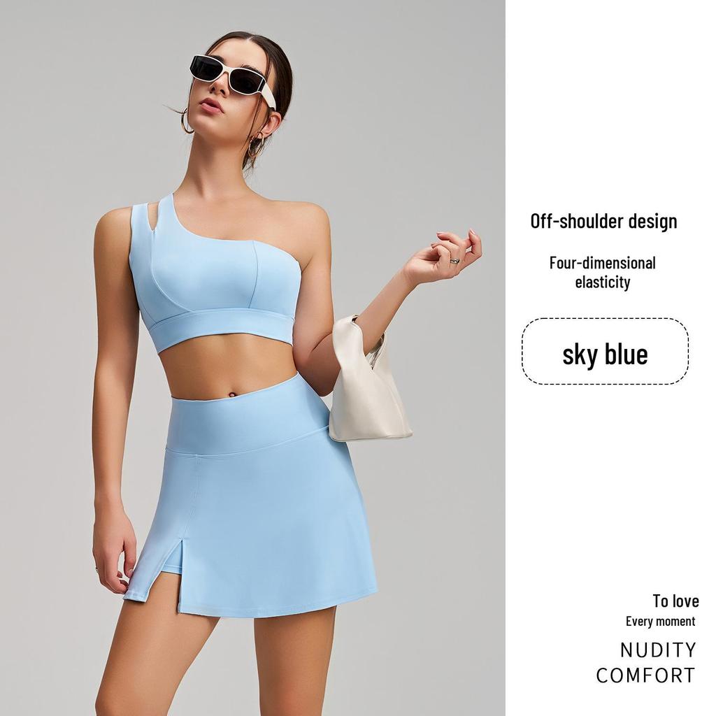 New Style Nude Feel One-Shoulder Yoga Set with High-Waisted Breathable Skirt for Tennis & Running