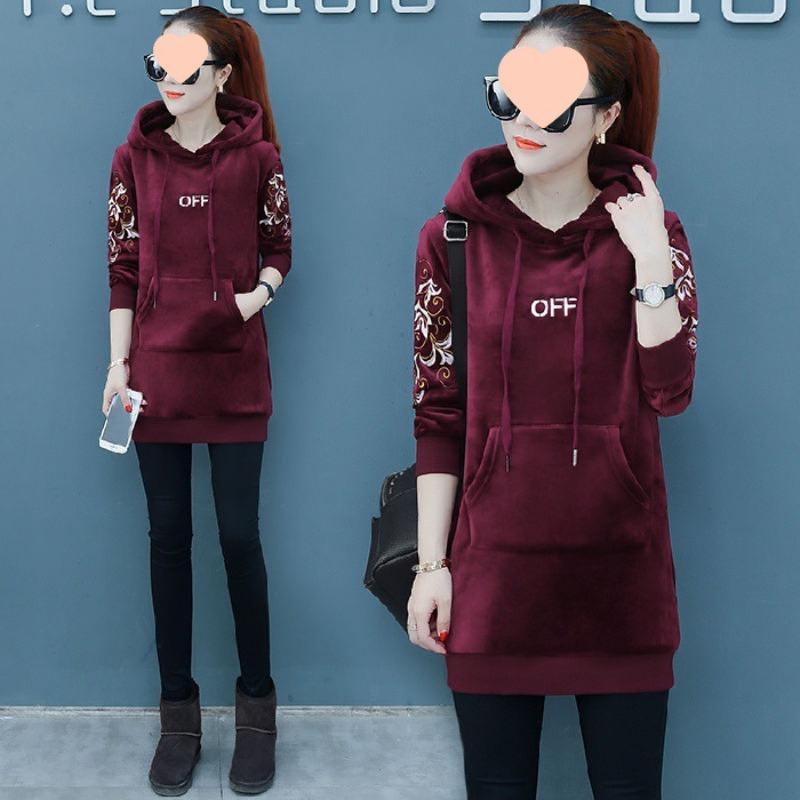 

Double-sided golden velvet piled sweater women s medium and long autumn and winter new fashion hooded jacket 6XL [Recommended 181-100kg]