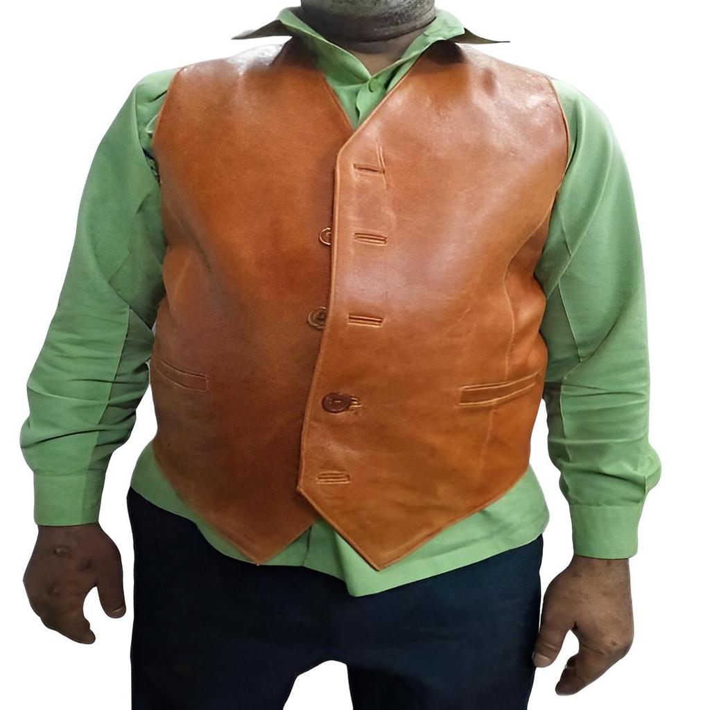 Noora Gilet de piele portocaliu ars pentru bărbați, cu închidere cu nasturi | Vestă din piele de designer | Gilet din piele Rider