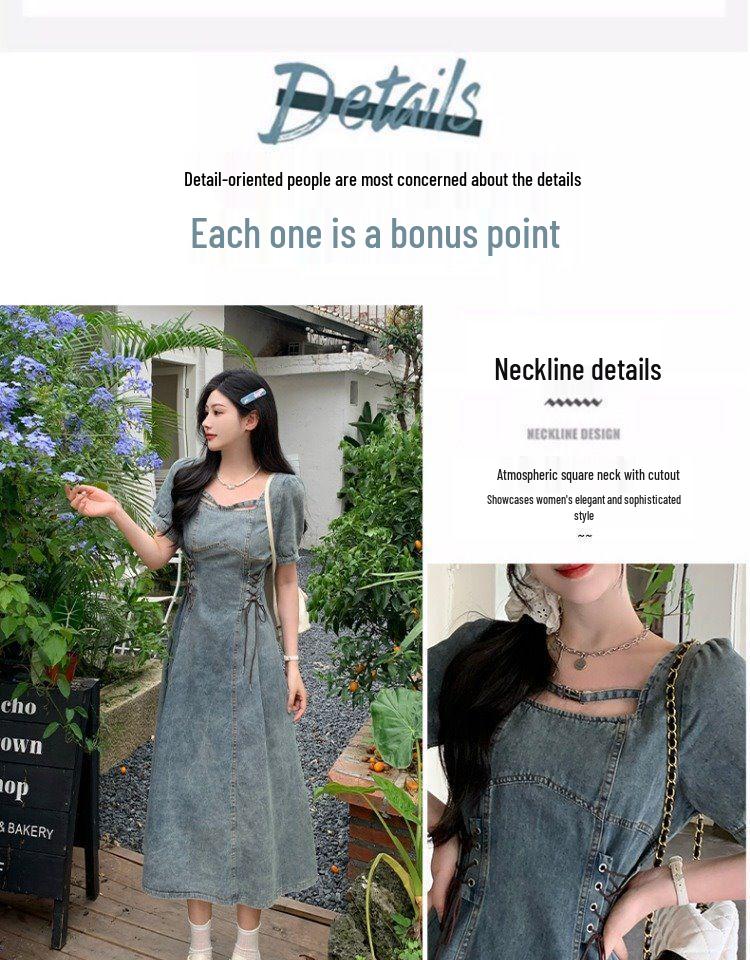 Flattering Plus Size French Square Neck Denim Puff Sleeve Summer Dress for Women