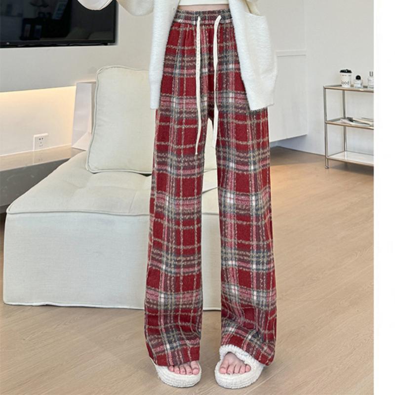 Retro Plaid Pants for Women In Spring and Autumn New High-waist Draped Straight-leg Pants Loose Casual Wide-leg Pants