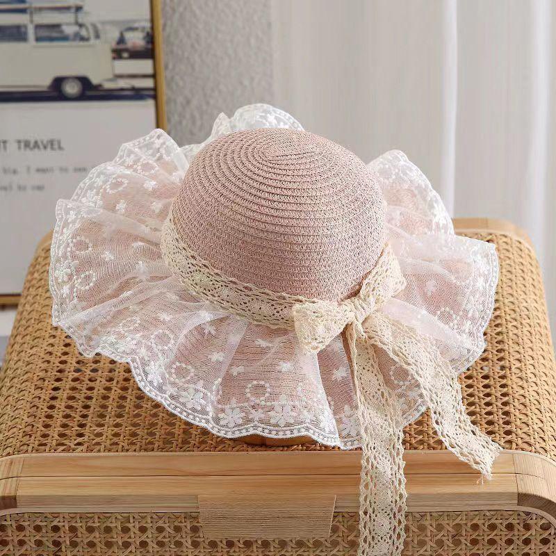Chapeau de Paille d'Été pour Bébé Fille Couleur Unie Dentelle Volant Chapeau de Pêcheur pour Enfants Casquettes de Plage d'Extérieur Pare-soleil Chapeaux Bob à Large Bord