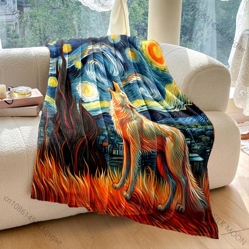 Multi size Van Gogh Starry Wolf Pattern Blanket Flannel Material Soft Warm for All Seasons, Home Outdoor Camping Picnics RV