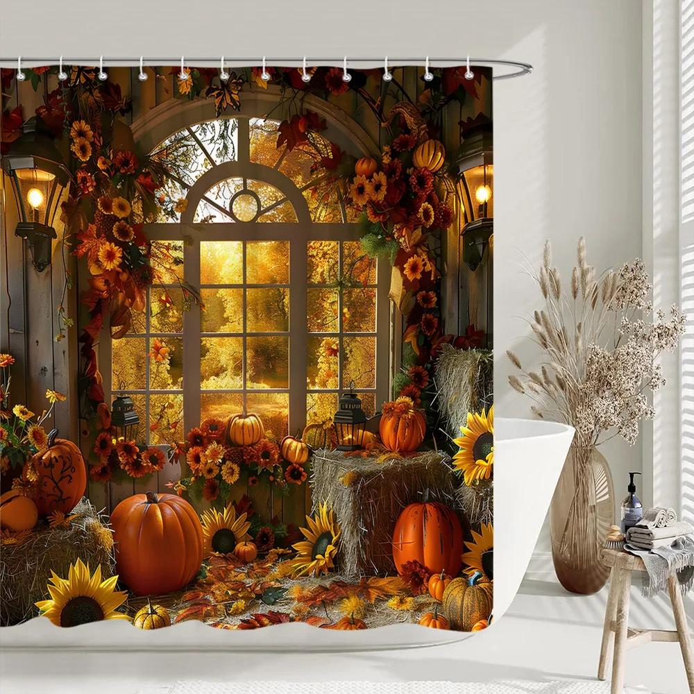 Rustic Farms Pumpkin Shower Curtain Thanksgiving Autumn Sunflower Polyester Fabric Shower Curtain Bathroom Decorative with Hooks