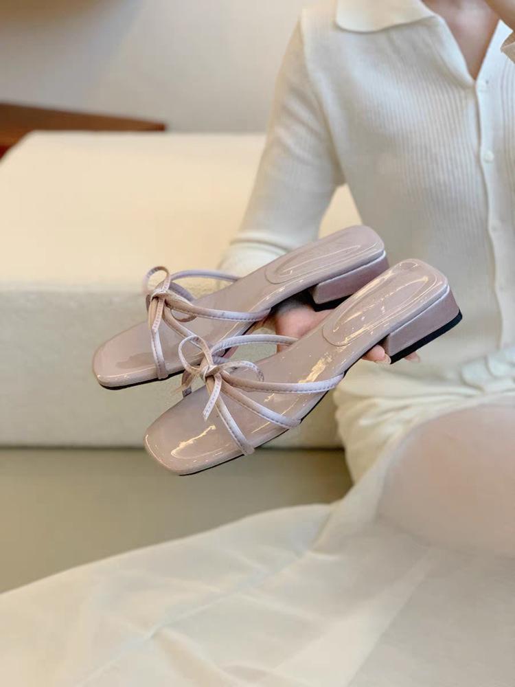 

French bow low-heeled slippers women s summer wear new with skirt sandals fairy style pink beautiful sandals 35