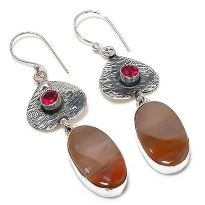Natural Tube Agate, Rubillite Gemstone 925 Sterling Silver Earring 2.76" L5u05