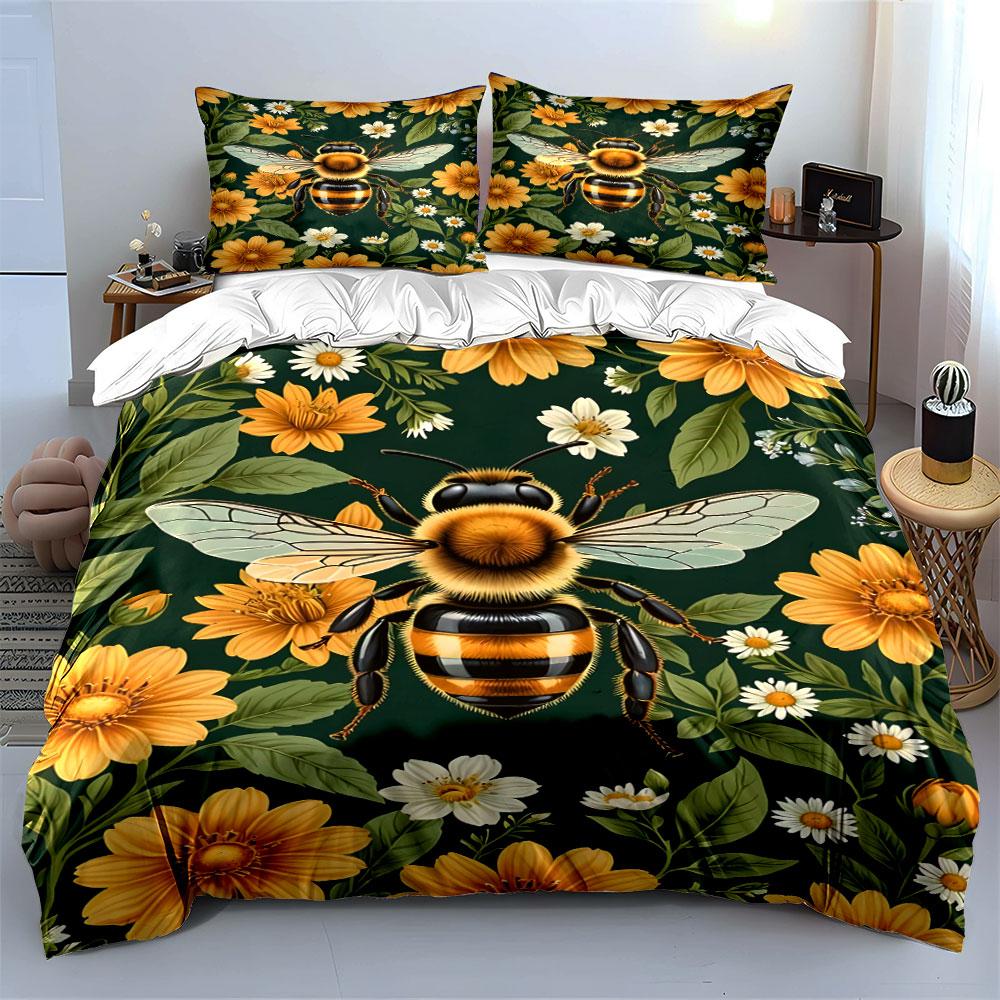 Bee and Yellow Flower Pattern Bedding Duvet Cover Set (1*Duvet Cover 2*Pillowcases, without duvet insert)