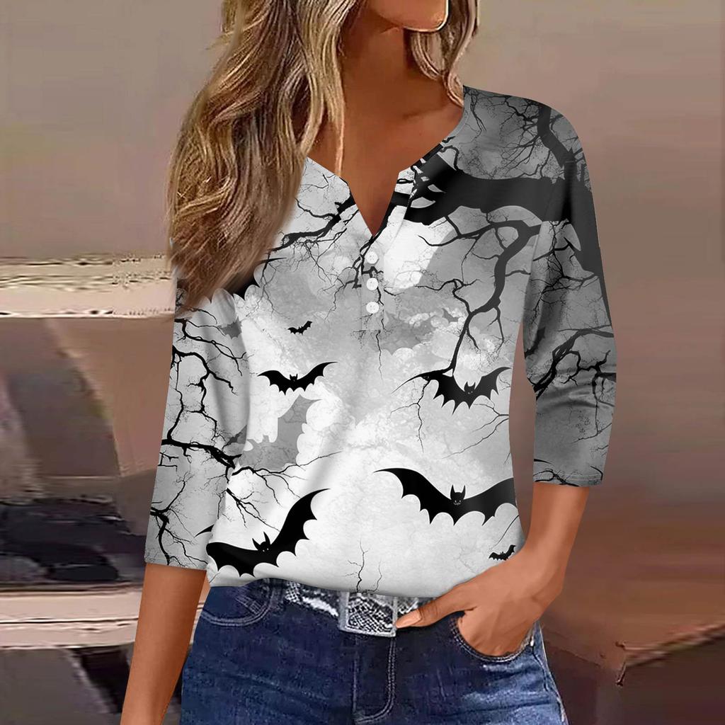 Women's Fashion Casual T-Shirt V-Neck Seven Sleeve  Printed Button Top