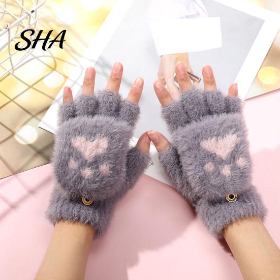 Cute Bear Paw Thermal Mittens Furry Cat Gloves, Flip Top Mitten with Button for Women, Winter Fluffy Plush Accessories Half Finger Gloves Print