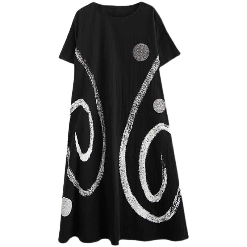 Summer Women's Loose Plus Size Printed Round Neck Mid-Length Literary Vintage Dress