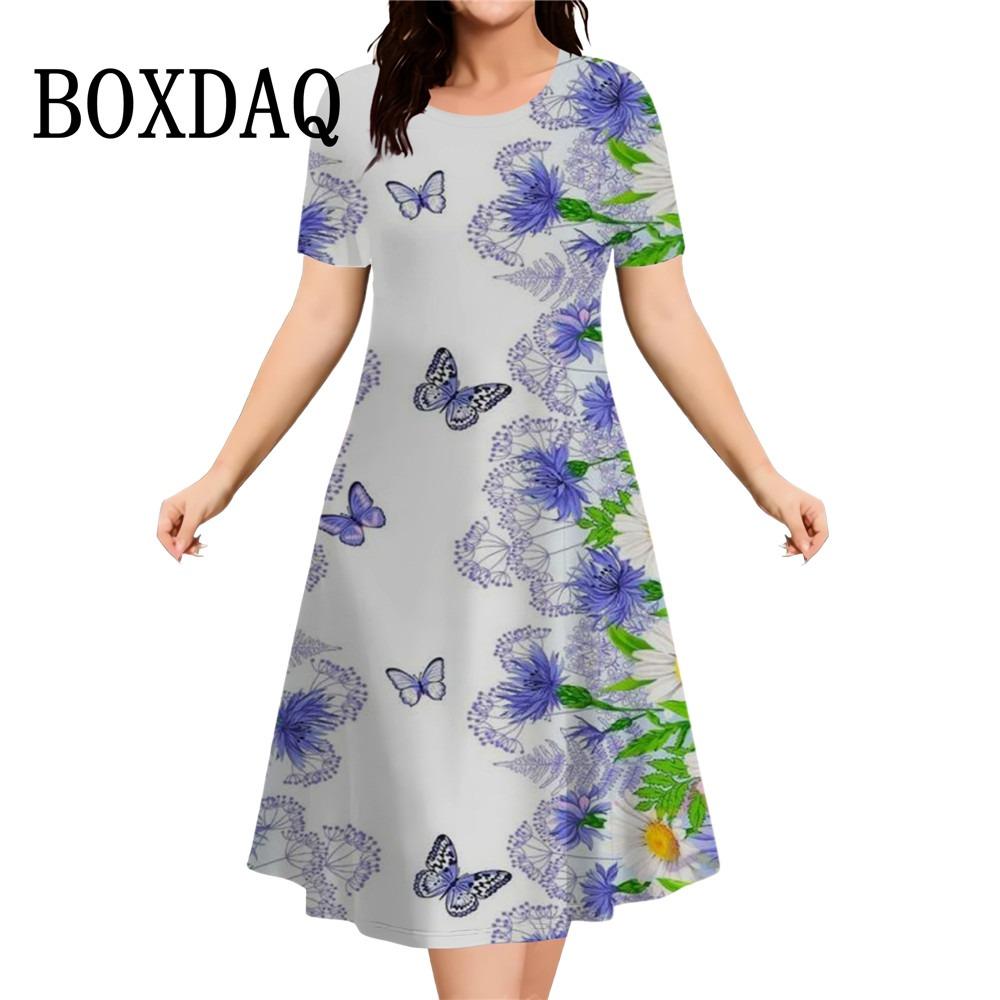 Fashion Elegant Women‘S Dresses Butterfly Flowers Print Dress Casual O-Neck Loose Plus Size Vacation A-Line Clothes 2026 Summer