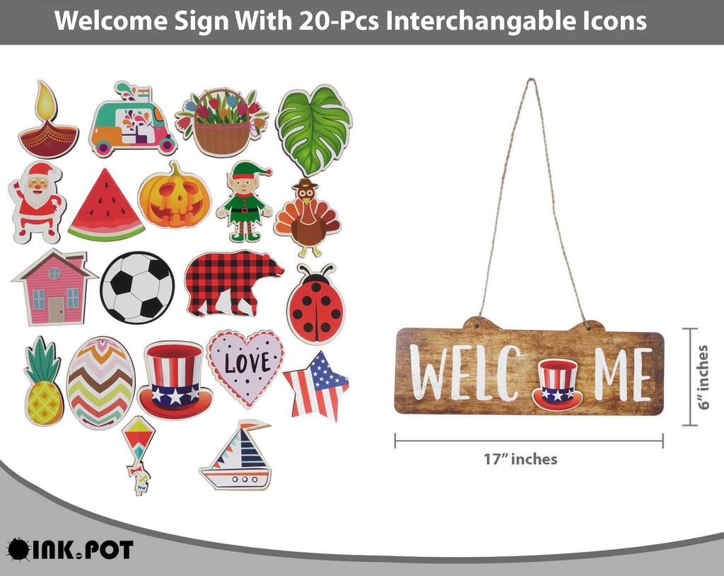 Inkdotpot Welcome Sign Front Door Decorations Hanging Rustic Wood Seasonal Holiday Ornaments Housewarming GiftWall Hanging 17" Inches