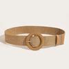 1pc Women Round Buckle Boho Straw Belt For Beach Ellipse Buckle Bead Decor Bohemian Woven Belt For Holiday