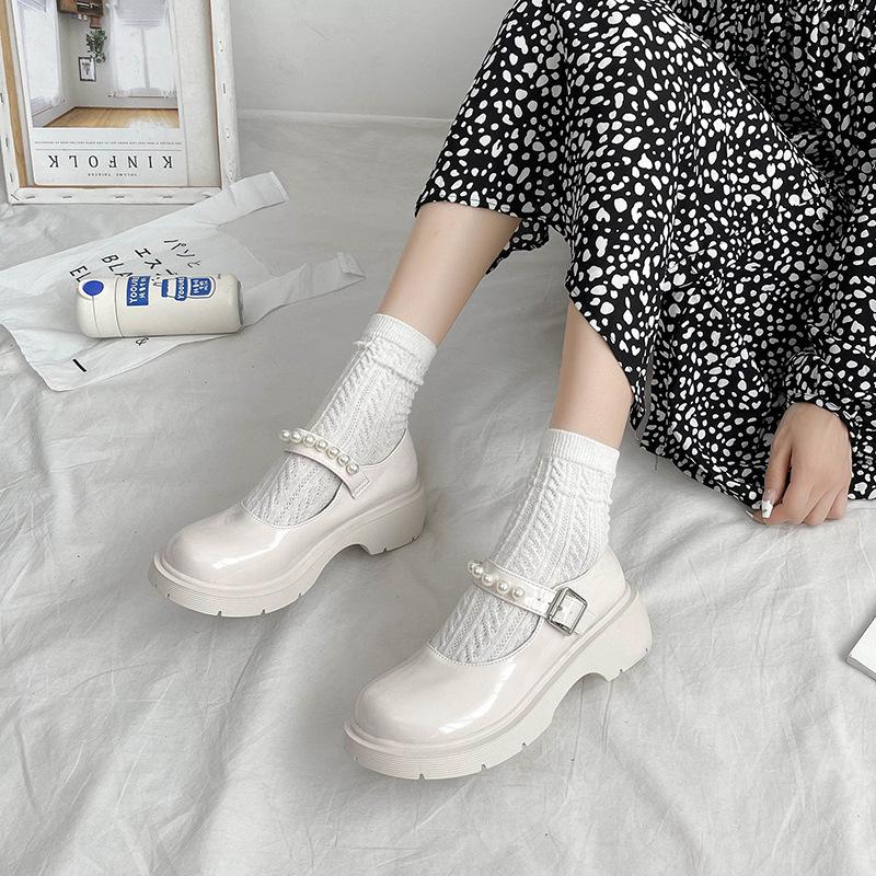 

Fashion Women Leather Shoes British Style Classic Mary Janes Round Toe Platform Square Middle Heels Thick Soled Loafers Shoes Plus Size 35