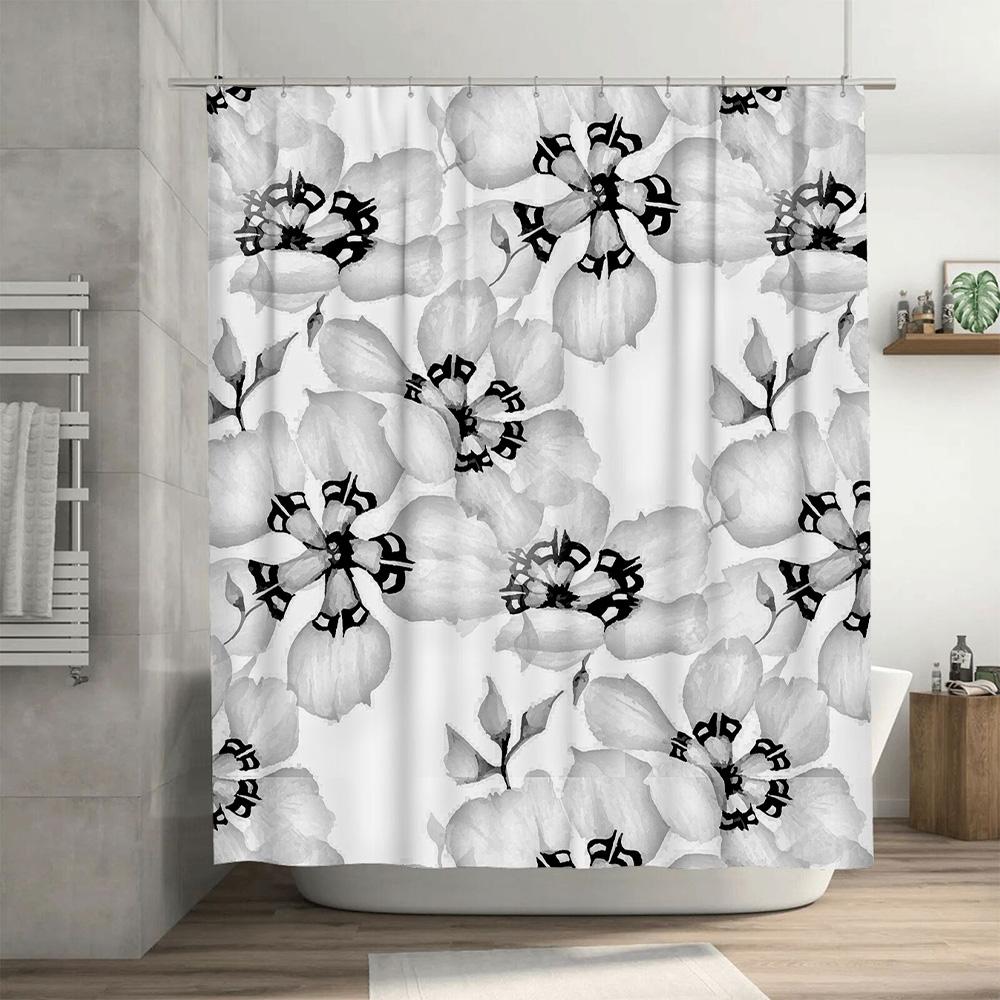 Modern White Flower Printed Shower Curtain Waterproof Fabric Bathroom Decor for Home Decoration