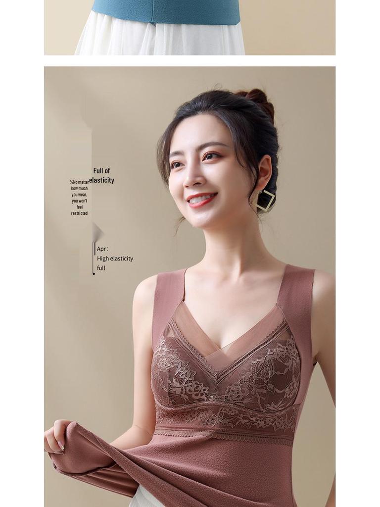 806 Women's V-Neck Seamless Lace Warm Vest with Chest Pad - Winter Base Layer
