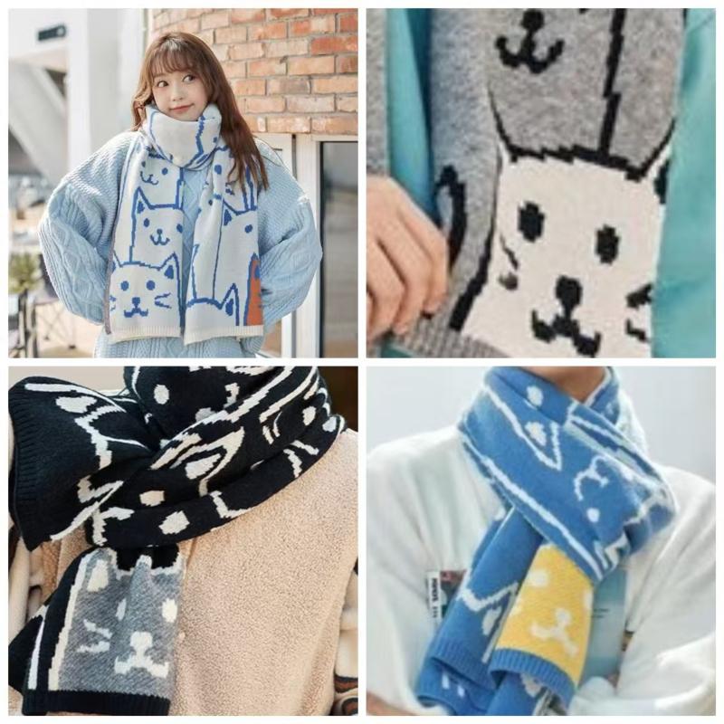 Winter New Couple Scarves Knit Wool Unisex Student Wrap Korean Style Cat Cute Cartoon Thick Warm