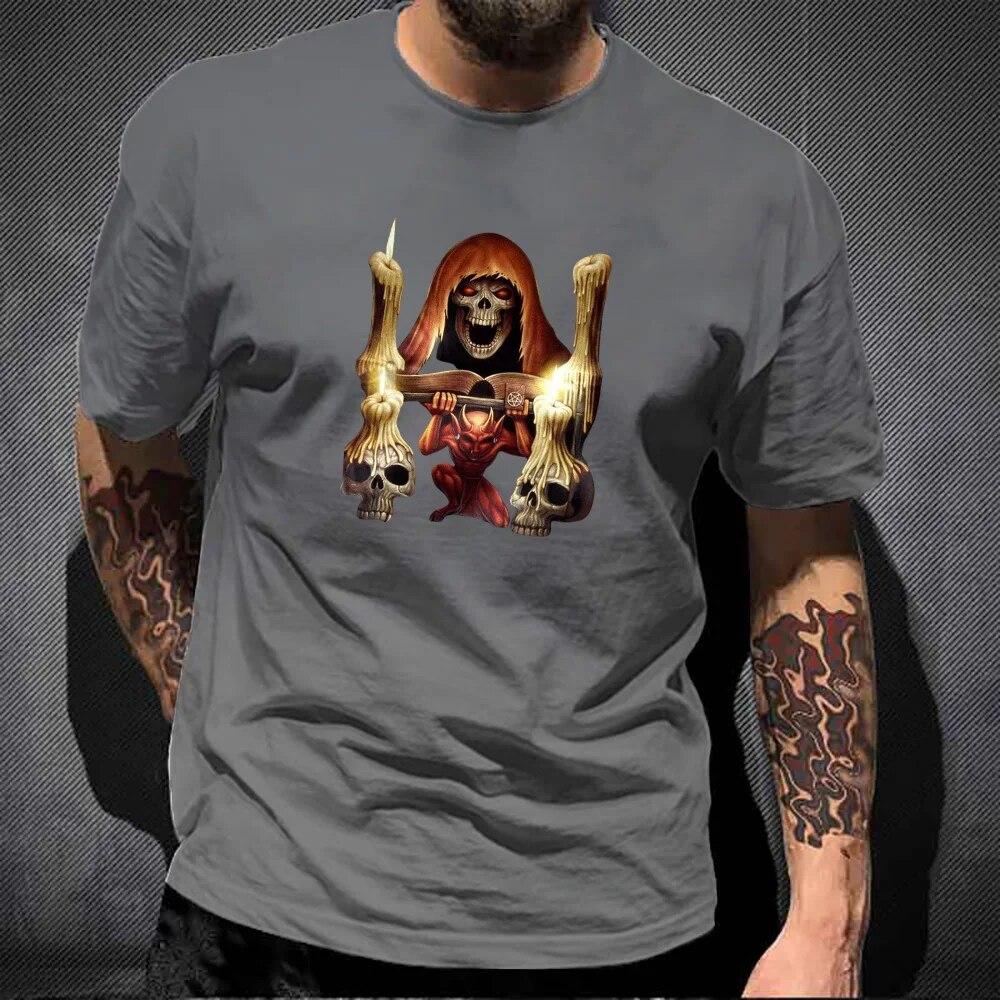 

Летний уличный повседневный американский уличный череп с круглым вырезом, быстросохнущий топ с короткими рукавами, темный ветер, хип-хоп, свободный топ с половиной рукавов