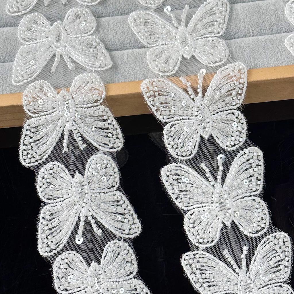 White Butterfly Embroidery Hollow Bead Sequins Barcode Wedding Accessories Diy Headgear Dress Decorative Lace