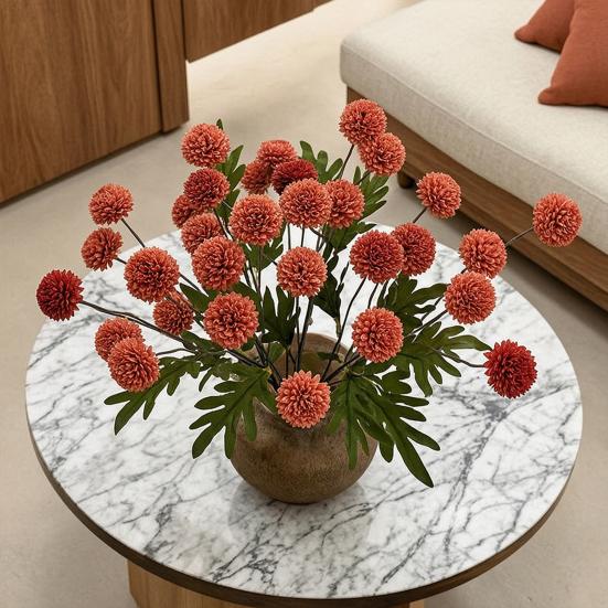 Artificial Pompon Mum, 5 Heads Faux Mini Chrysanthemums Ball, Small Fake Flower Stem for Vase Filler, DIY Bouquet, Autumn Table Centerpiece, Flower